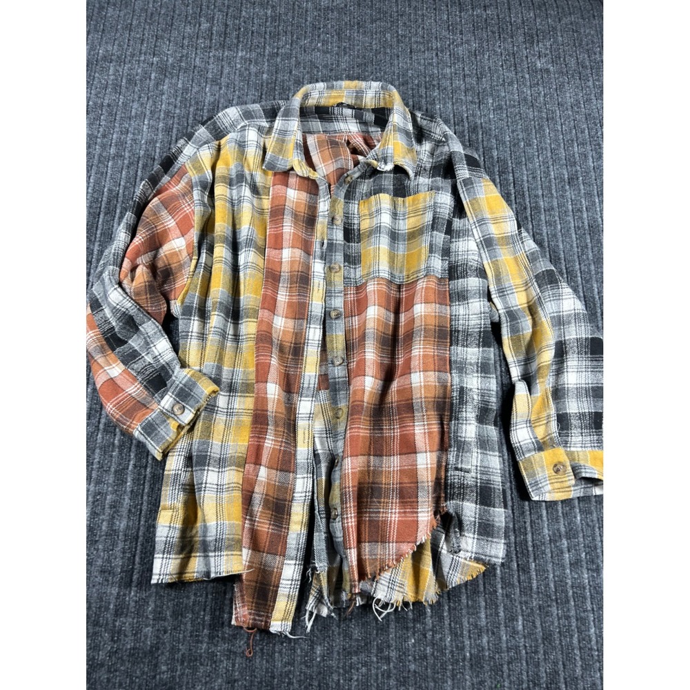 DAVI & DANI Patchwork Flannel Shirt Womens 1XL Multicolor Plaid Raw Hem Pockets